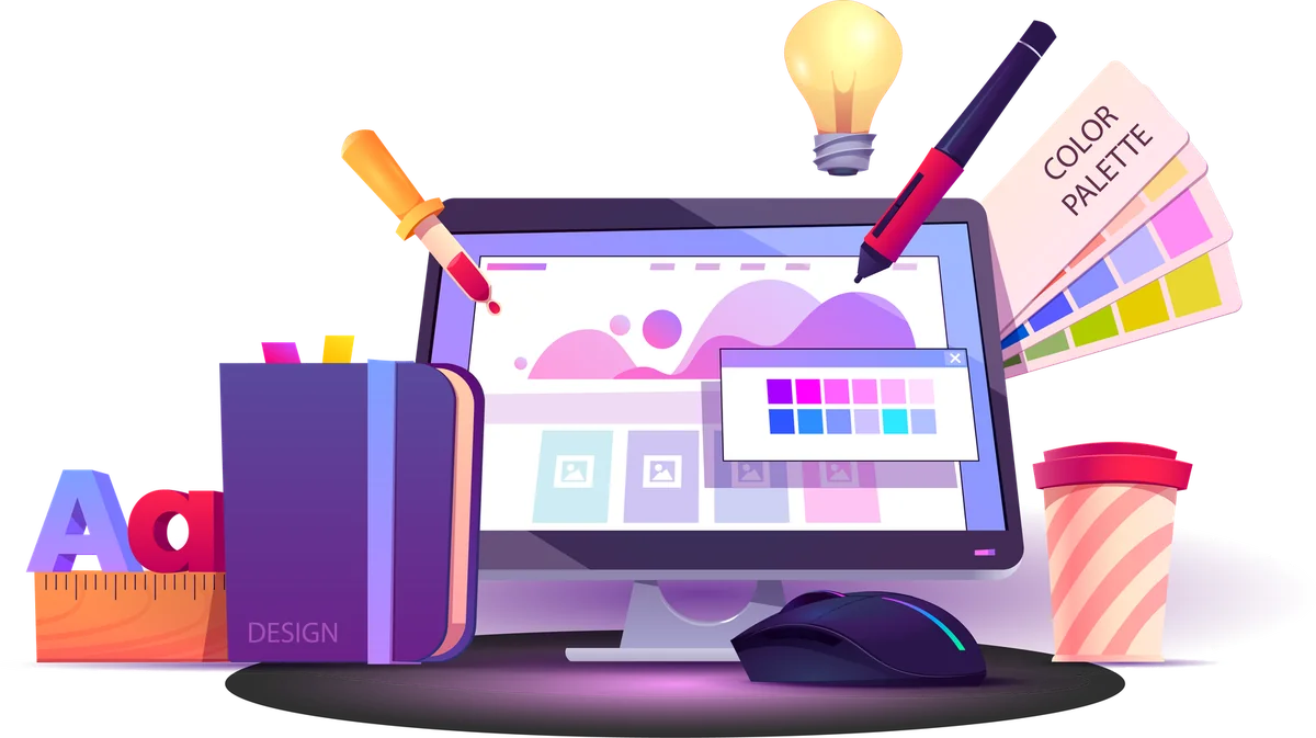 Creative design workspace with monitor, colour palettes and design tools