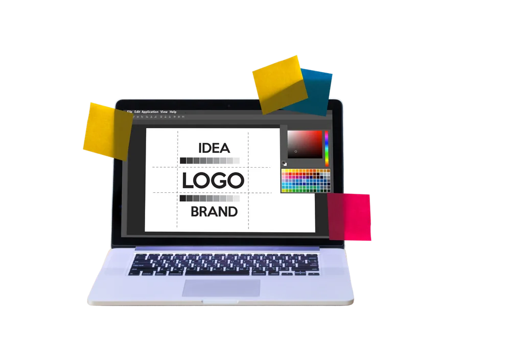 Laptop showing logo and brand design work