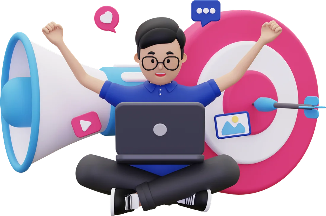 3D illustration of a marketer celebrating campaign results with a megaphone and target