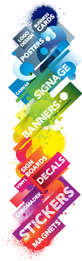 Colourful print products: stickers, banners, signage, posters and business cards